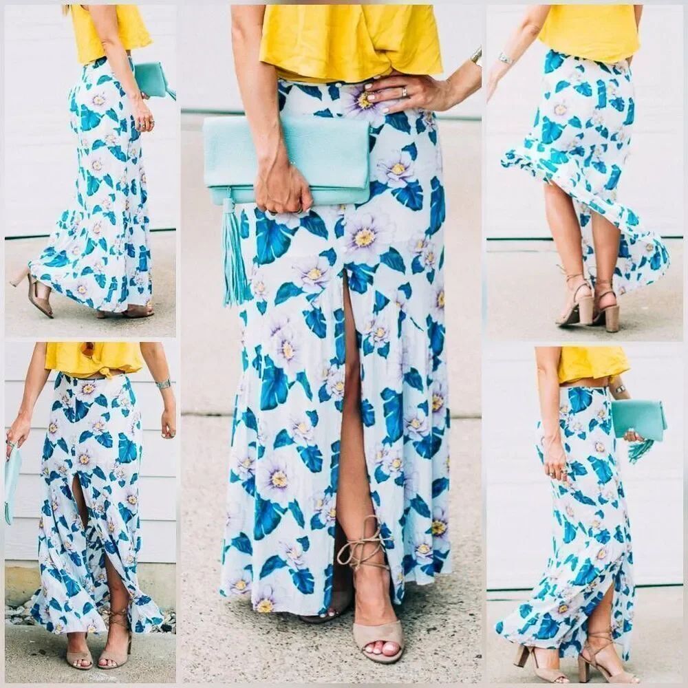 🔹️NWT Forever 21 Ivory & Teal Floral Print Maxi Skirt Medium - Picture 3 of 12
